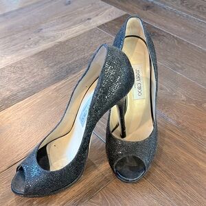 Jimmy Choo glitter fabric peep-toe heels